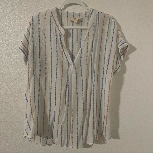 Perch By Blu Pepper Tops - Perch Womens Top Plus Size 1XL Blue Floral Striped Lightweight V Neck Blouse